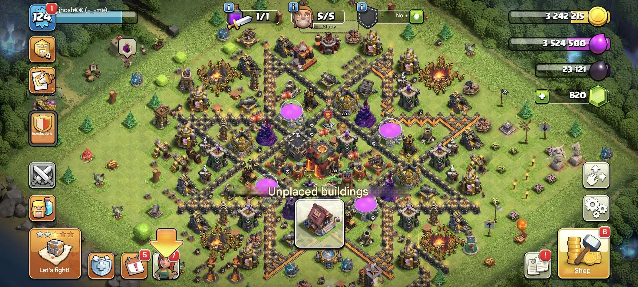 COC570 TH10 124 LVL 800 Gems 5 Builders Skin Heroes 30/30 King Queen Warden Max Lab Heroes 